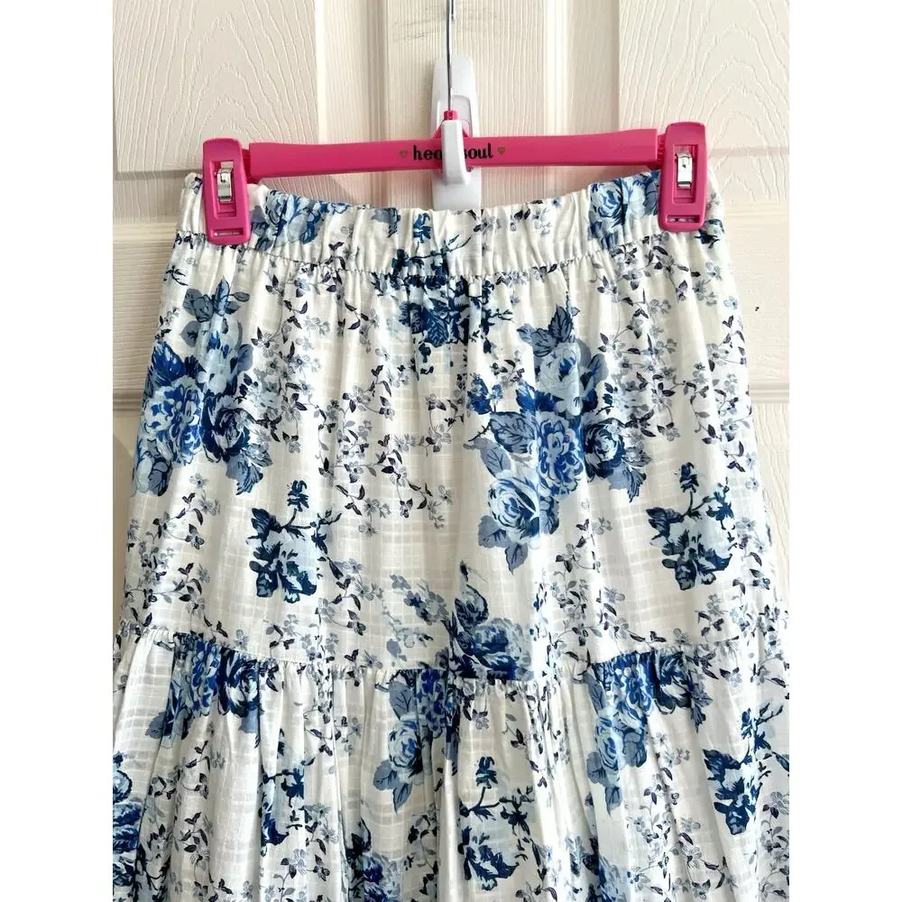 ZARA Women's 100% Cotton Blue White Floral Voluminous Tiered Maxi Skirt Sz XS-S